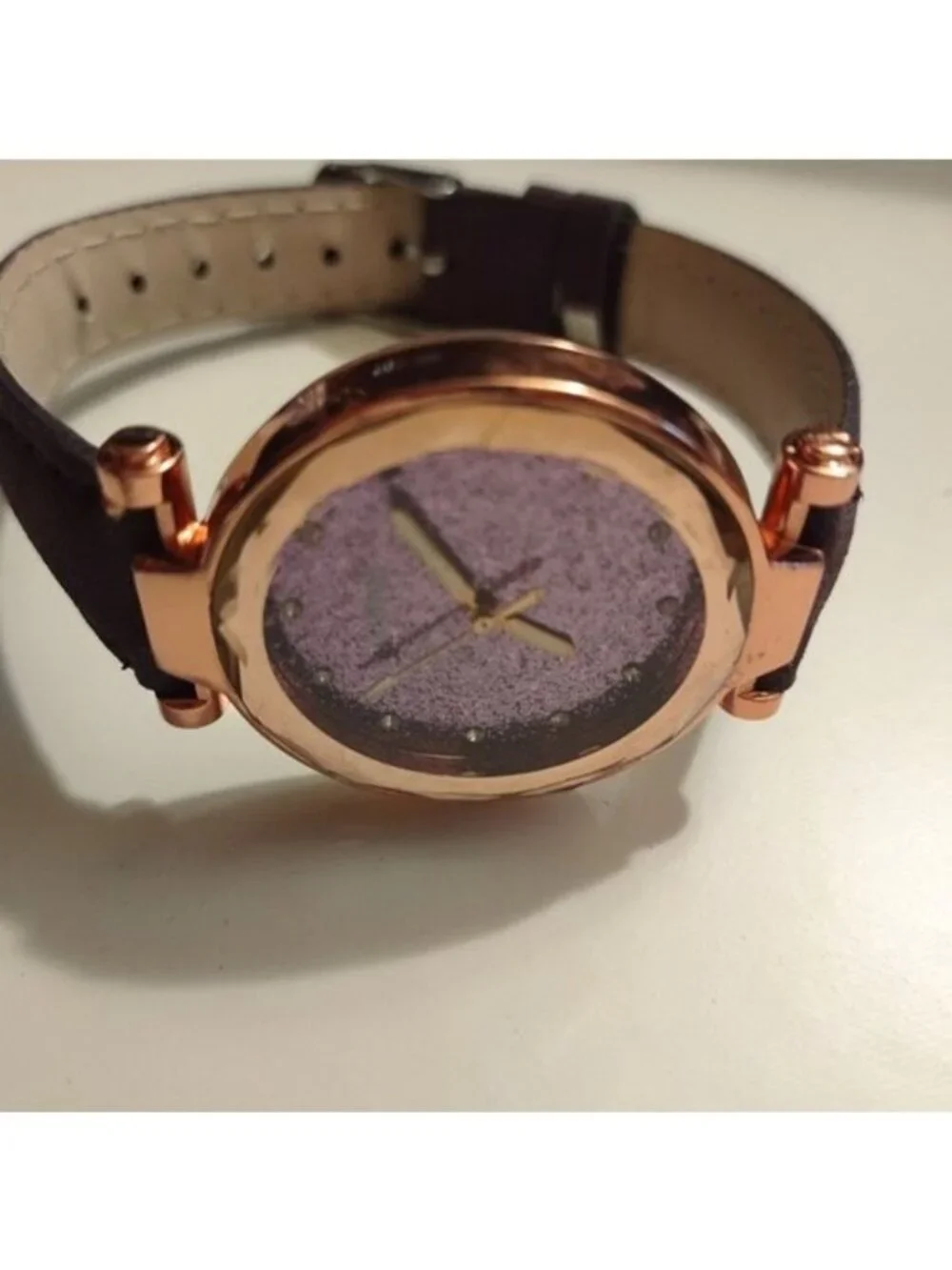 Rose Gold Quartz Watch With Glitter Dial & Purple Leather Strap-LIKE NEW-WORKS